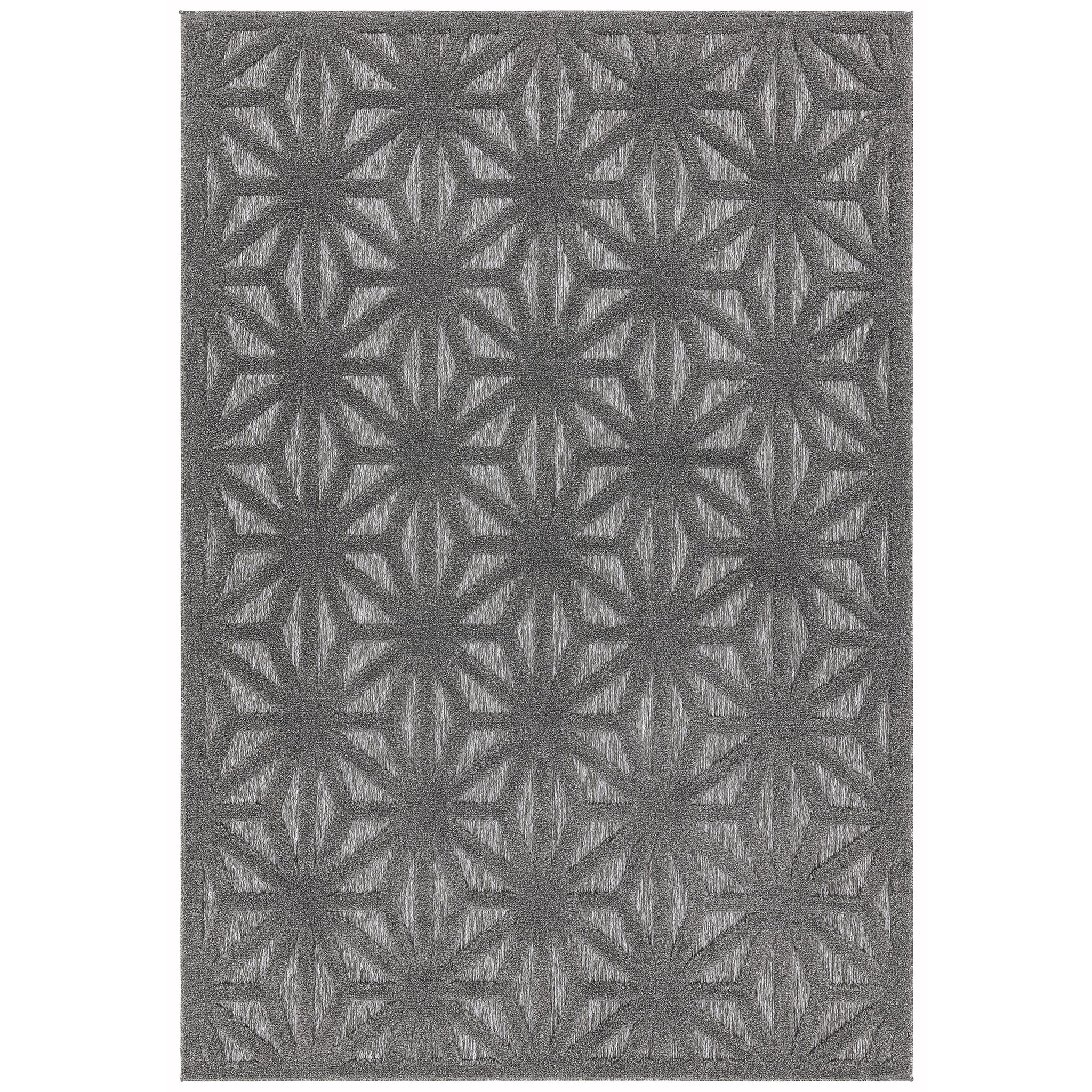 Modern style anthracite grey colour rug with an eye catching 3D design in a geometric pattern, suitable for both indoor and outdoor use. Made from Polypropylene yarns. Size Large. Pile Height 2-11mm Dimensions: 1600 x 2300 mm Machine woven in Turkey Delivery: 5-7 days